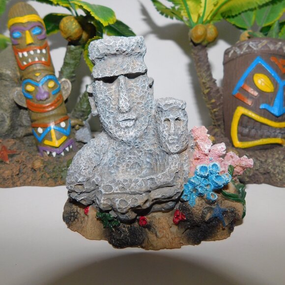 Set 3 Aquarium Fish Tank Tahiti Village Moai Head Decore Ornament Decorations - Picture 2 of 5